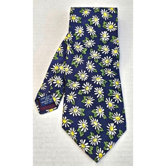 Old Navy Silk Daisy Print Tie Made In USA Navy & White Floral Pattern - Picture 1 of 6